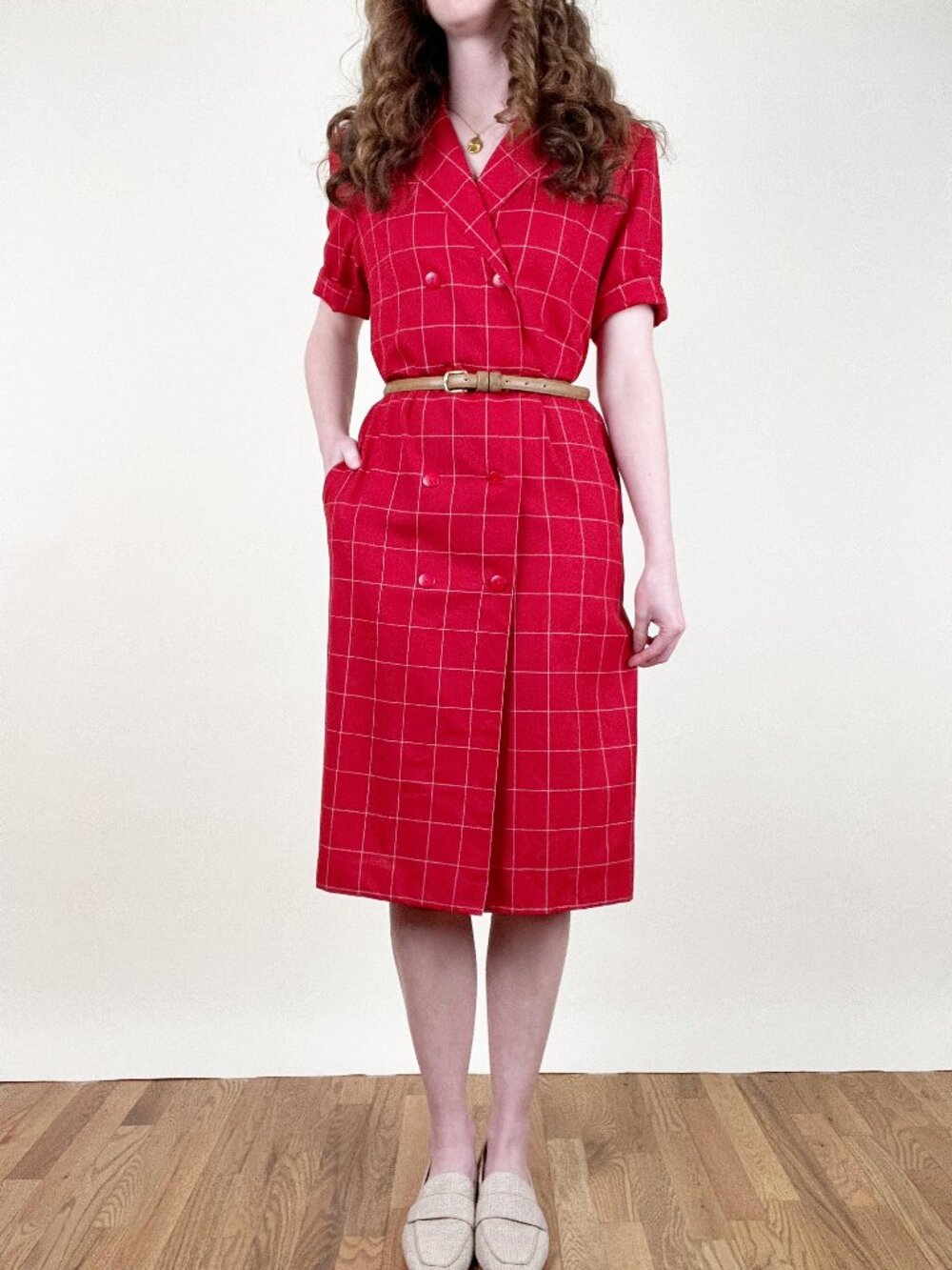 Vintage 90s French Midi Dress Double Breasted Plaid Check Print Office Work Wear - Picture 3 of 10